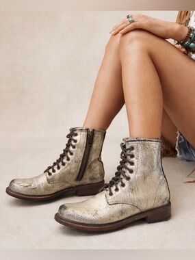 freebird Distressed Metallic Silver Lace-Up Combat Boots with Side Zip